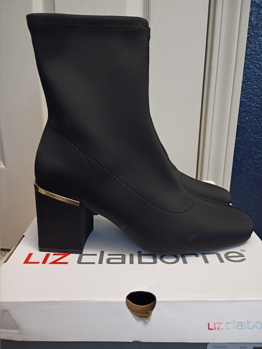Liz Claiborne Black Stretch Sock Boot with Gold Heel Accent